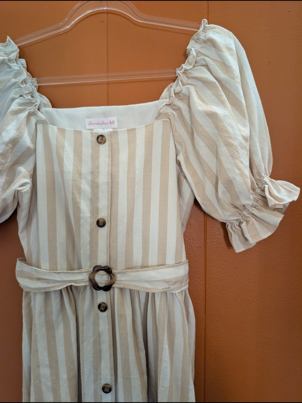Bonnie Jean Girls Size 16 Beige Stripe Midi Dress Puff Sleeve Cottagecore Belted